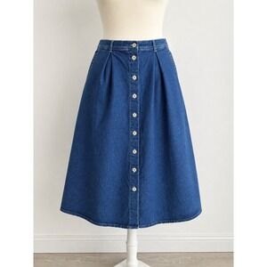 Vintage Denim Midi Skirt XL Pleated A-Line Cottagecore 90s Minimalist Pockets